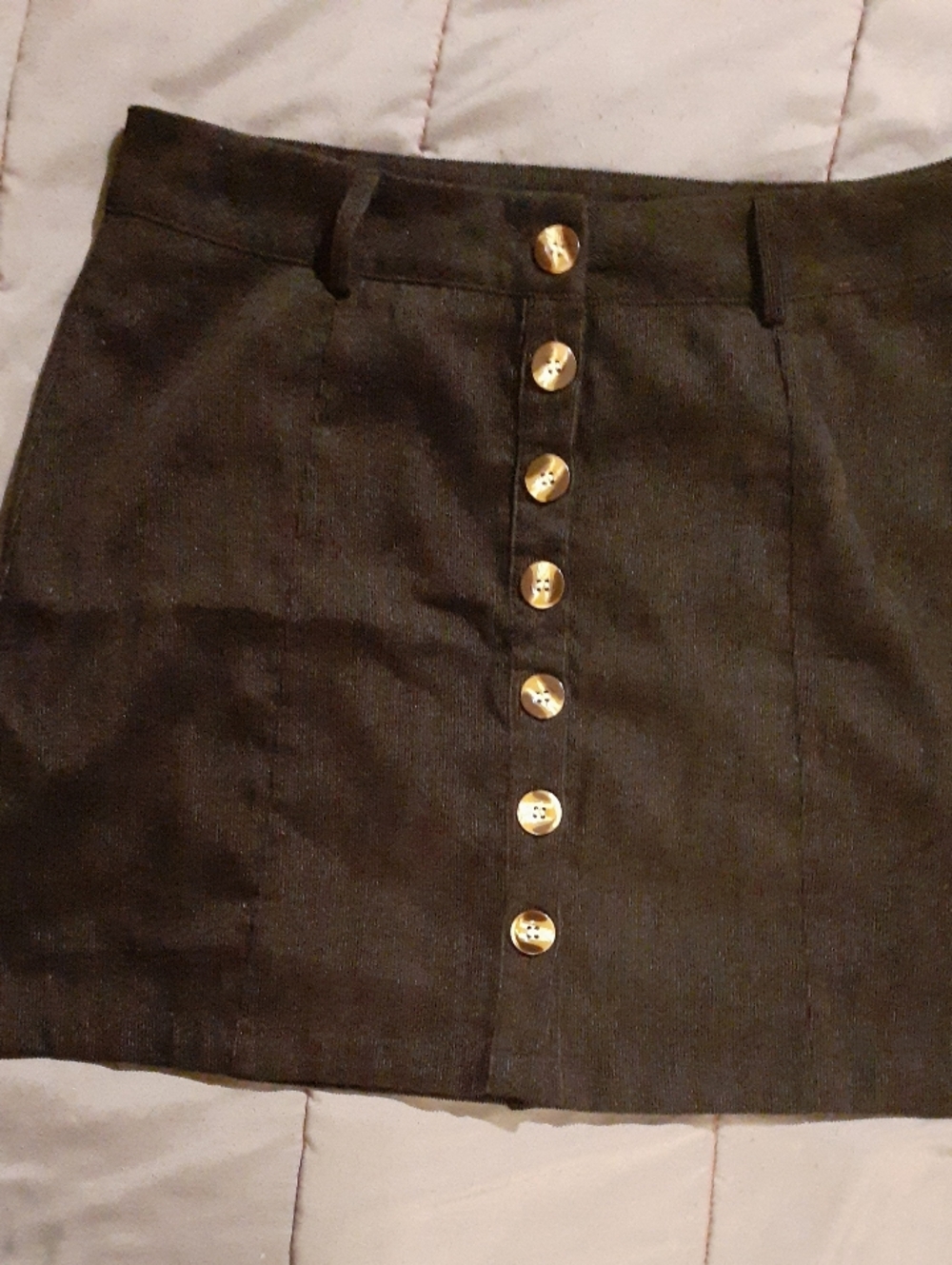 Button-Front Black Suede Mini Skirt with Gold Buttons